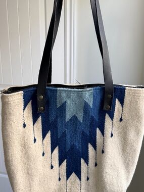 Woven Aztec Pattern Tote Bag in Navy and Cream